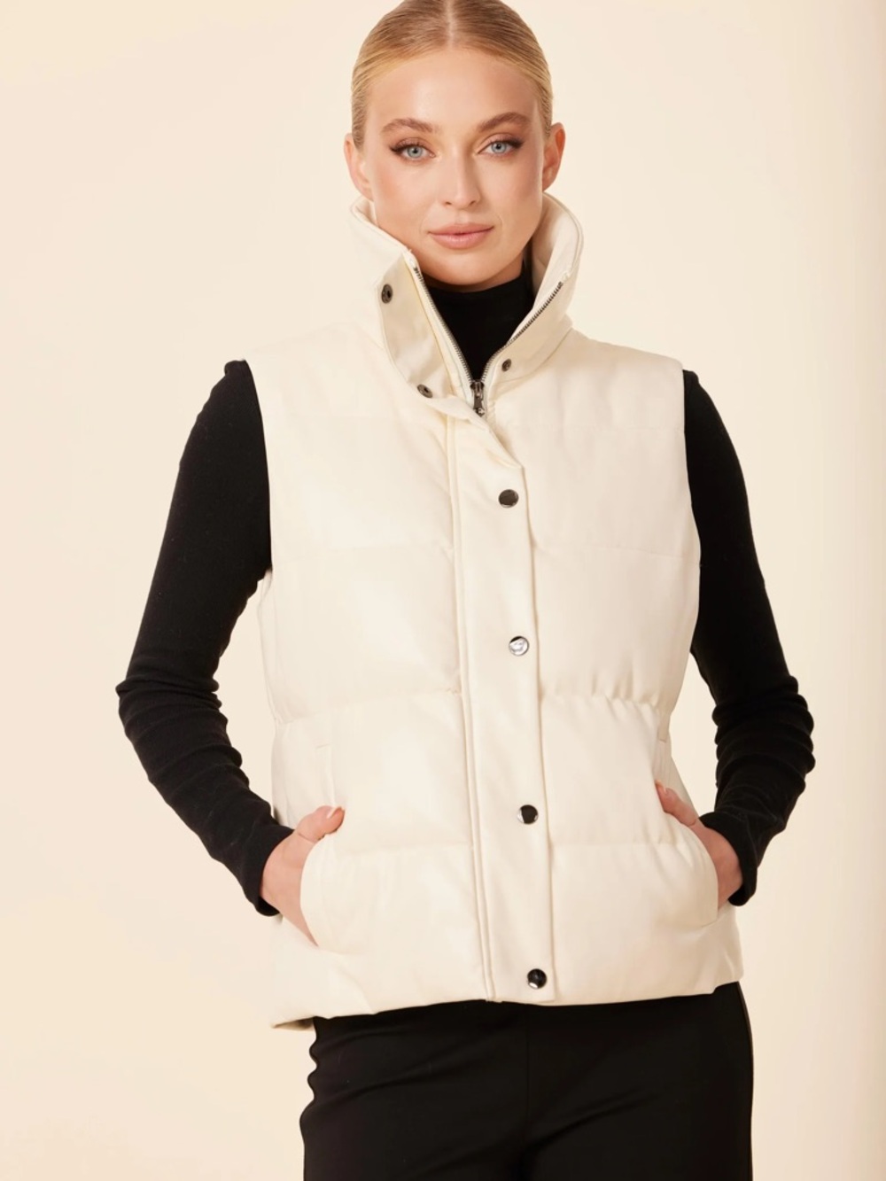 Dolce Cabo Cream Quilted Puffer Vest - Sleeveless High Collar